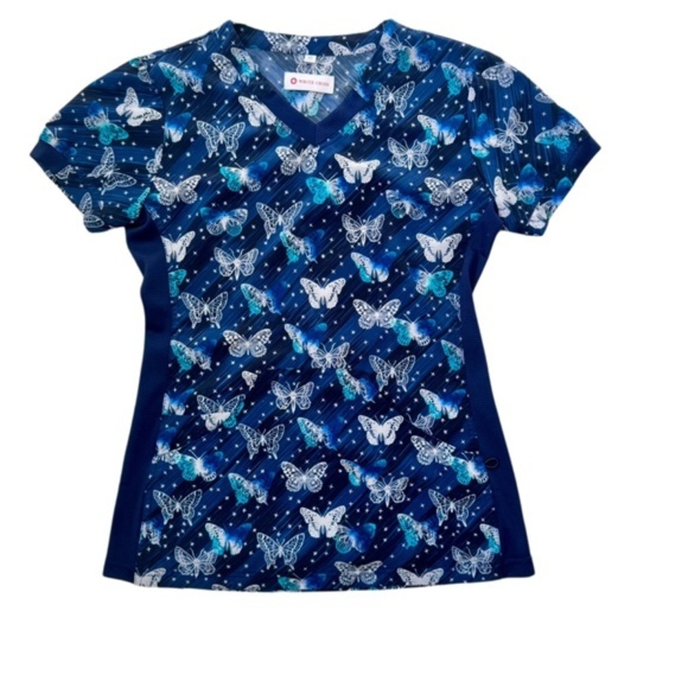 White Cross Blue Butterfly V-Neck Scrub Top